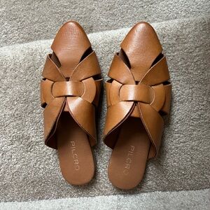 Camel Brown Leather Flat Mules